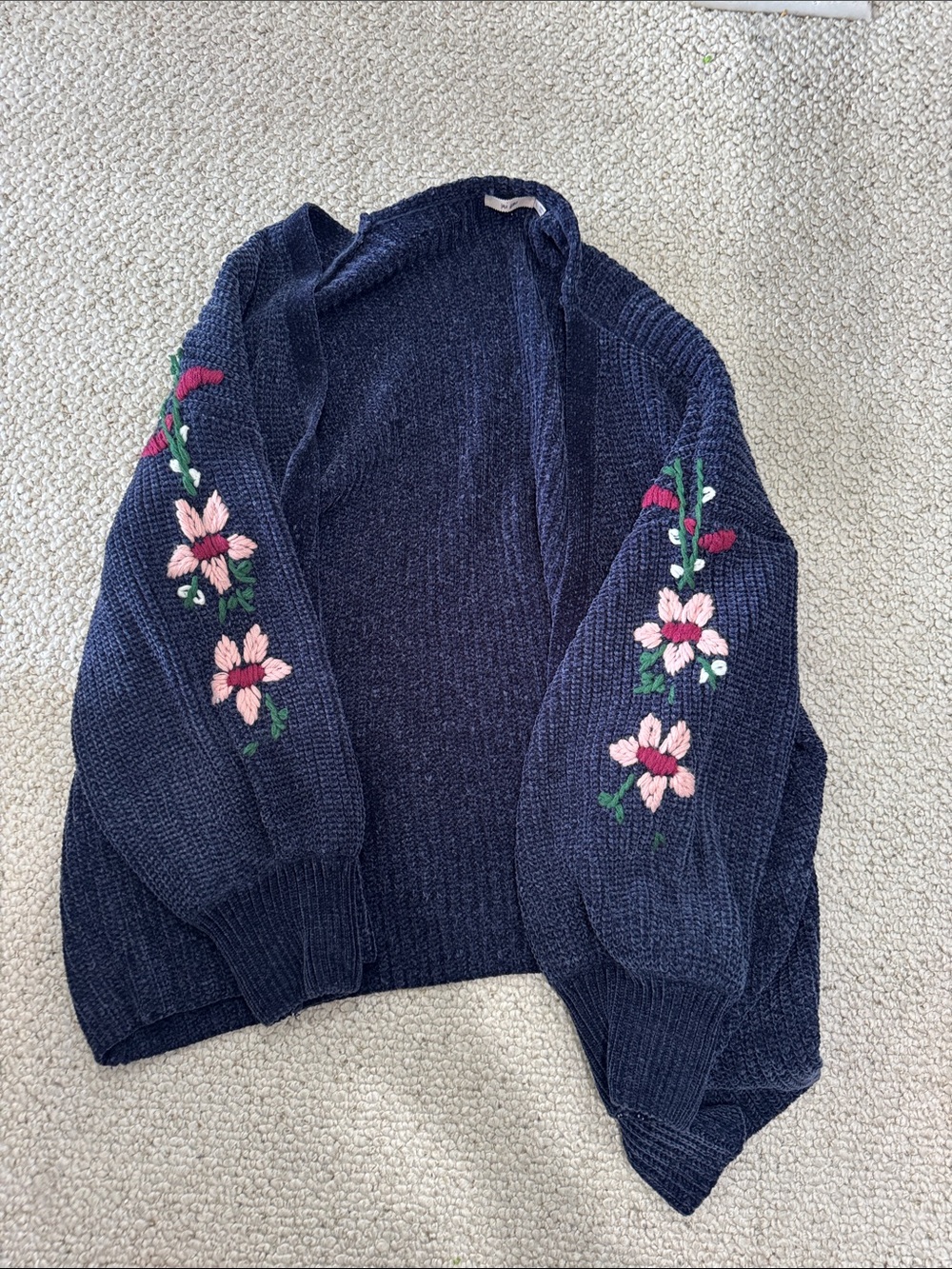 miami Navy Open-Front Cardigan with Pink Floral Sleeve Embroidery